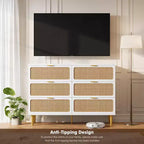 Commode à 6 tiroirs en rotin pour chambre à coucher, grande commode double avec tiroirs profonds, commode pour placard avec plateau large, longue commode en bois