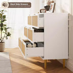 Commode à 6 tiroirs en rotin pour chambre à coucher, grande commode double avec tiroirs profonds, commode pour placard avec plateau large, longue commode en bois