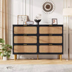 Commode à 6 tiroirs en rotin pour chambre à coucher, grande commode double avec tiroirs profonds, commode pour placard avec plateau large, longue commode en bois