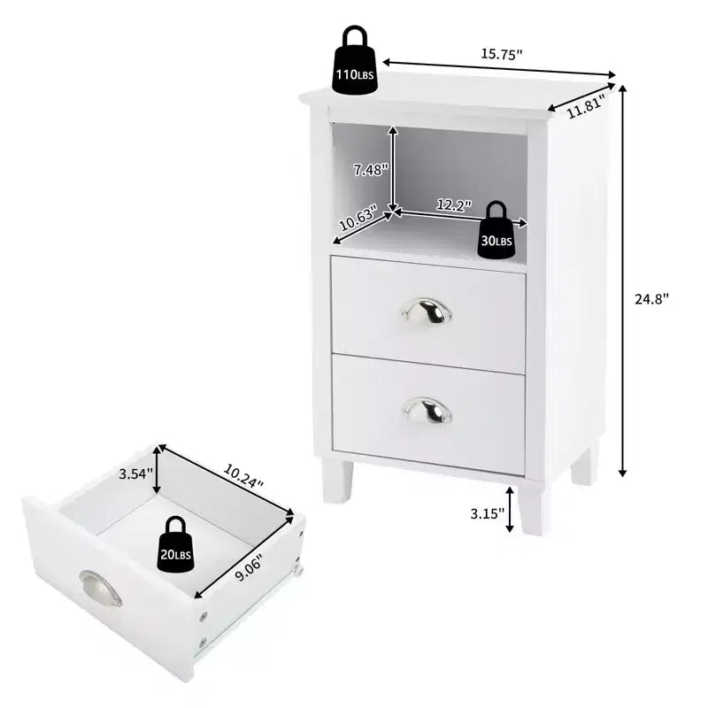 Table de chevet Karl Home 2 tiroirs en MDF blanc 40 cm l.