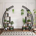 5-Tier Large Half Moon Plant Stand Ladder, Multi-Purpose Curved Flower Pot Display Shelf with Hanging Hooks for Indoor & Outdoor Use, Brown