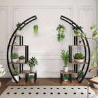 5-Tier Large Half Moon Plant Stand Ladder, Multi-Purpose Curved Flower Pot Display Shelf with Hanging Hooks for Indoor & Outdoor Use, Brown