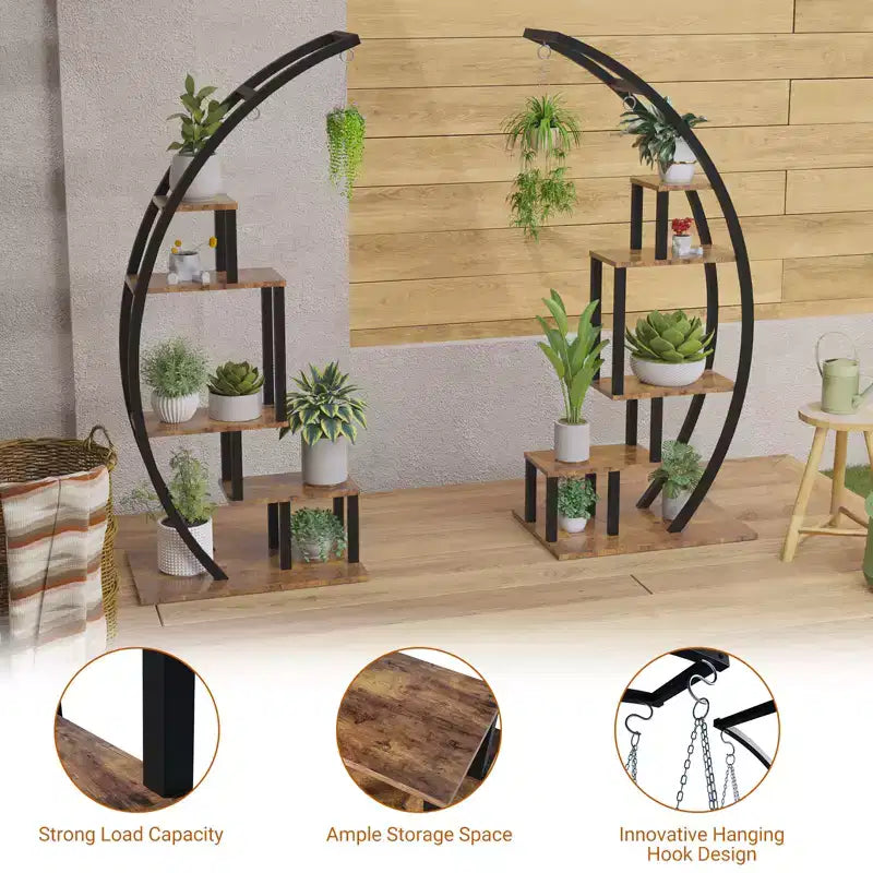Étagère à plantes en demi-lune à 5 niveaux, grande, échelle, présentoir à pots de fleurs courbé polyvalent avec crochets de suspension pour utilisation intérieure et extérieure, marron