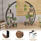 Étagère à plantes en demi-lune à 5 niveaux, grande, échelle, présentoir à pots de fleurs courbé polyvalent avec crochets de suspension pour utilisation intérieure et extérieure, marron