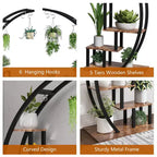 Étagère à plantes en demi-lune à 5 niveaux, grande, échelle, présentoir à pots de fleurs courbé polyvalent avec crochets de suspension pour utilisation intérieure et extérieure, marron