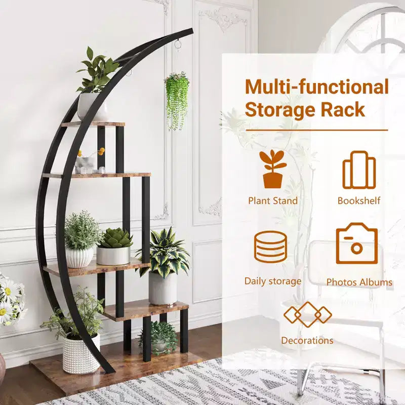 Étagère à plantes en demi-lune à 5 niveaux, grande, échelle, présentoir à pots de fleurs courbé polyvalent avec crochets de suspension pour utilisation intérieure et extérieure, marron