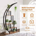 Étagère à plantes en demi-lune à 5 niveaux, grande, échelle, présentoir à pots de fleurs courbé polyvalent avec crochets de suspension pour utilisation intérieure et extérieure, marron