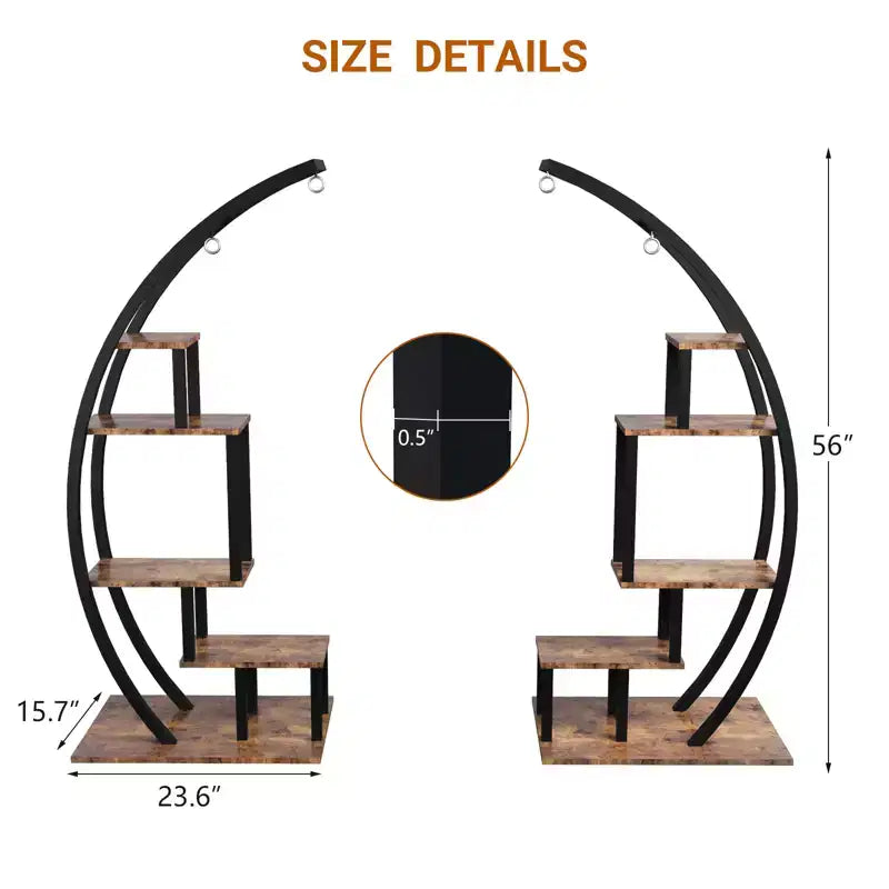Étagère à plantes en demi-lune à 5 niveaux, grande, échelle, présentoir à pots de fleurs courbé polyvalent avec crochets de suspension pour utilisation intérieure et extérieure, marron