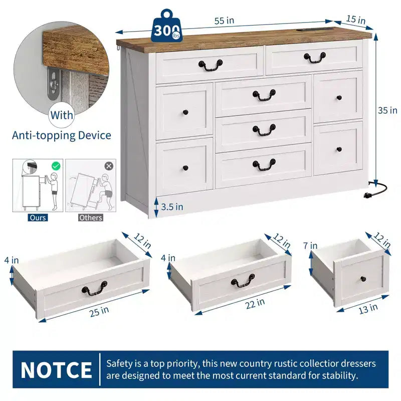 Commode de ferme pour chambre à coucher, commode à 9 tiroirs avec station de charge, commode en bois de 55" avec poignées rustiques, organiseur de commodes de rangement