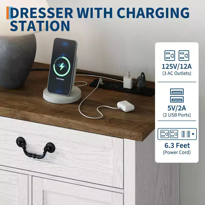 Commode de ferme pour chambre à coucher, commode à 9 tiroirs avec station de charge, commode en bois de 55" avec poignées rustiques, organiseur de commodes de rangement
