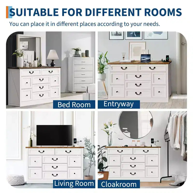 Commode de ferme pour chambre à coucher, commode à 9 tiroirs avec station de charge, commode en bois de 55" avec poignées rustiques, organiseur de commodes de rangement