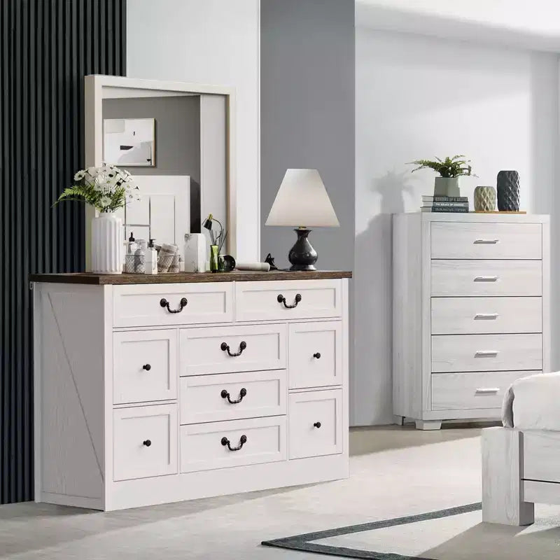 Commode de ferme pour chambre à coucher, commode à 9 tiroirs avec station de charge, commode en bois de 55" avec poignées rustiques, organiseur de commodes de rangement