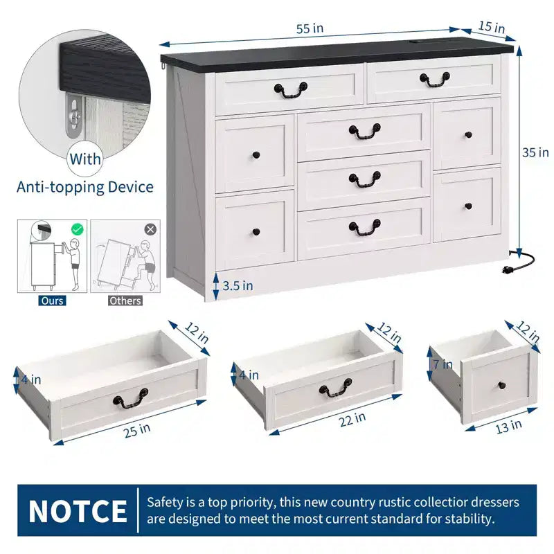 Commode de ferme pour chambre à coucher, commode à 9 tiroirs avec station de charge, commode en bois de 55" avec poignées rustiques, organiseur de commodes de rangement