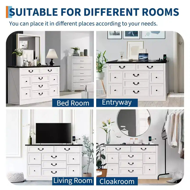 Commode de ferme pour chambre à coucher, commode à 9 tiroirs avec station de charge, commode en bois de 55" avec poignées rustiques, organiseur de commodes de rangement