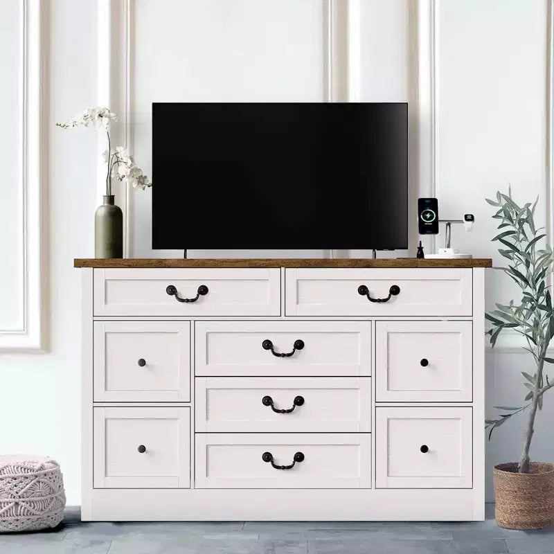Commode de ferme pour chambre à coucher, commode à 9 tiroirs avec station de charge, commode en bois de 55" avec poignées rustiques, organiseur de commodes de rangement
