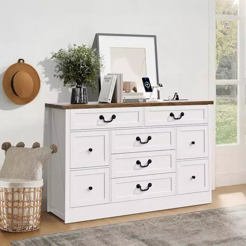 Commode de ferme pour chambre à coucher, commode à 9 tiroirs avec station de charge, commode en bois de 55" avec poignées rustiques, organiseur de commodes de rangement