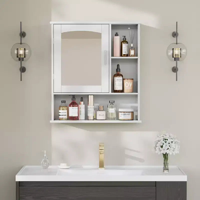 Meuble haut de salle de bain VECELO avec miroir, armoire de toilette murale avec porte et étagères ouvertes, étagères réglables, blanc