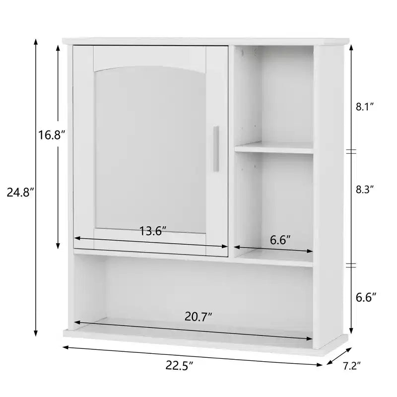 Meuble haut de salle de bain VECELO avec miroir, armoire de toilette murale avec porte et étagères ouvertes, étagères réglables, blanc