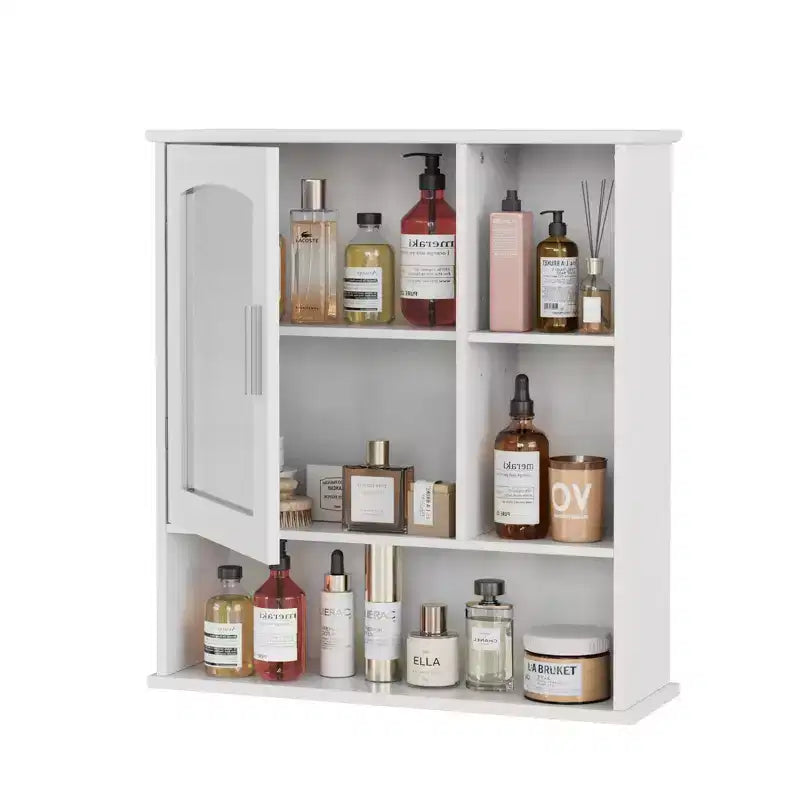 Meuble haut de salle de bain VECELO avec miroir, armoire de toilette murale avec porte et étagères ouvertes, étagères réglables, blanc
