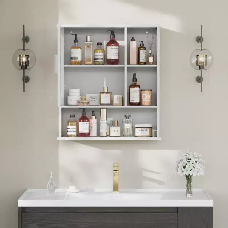 Meuble haut de salle de bain VECELO avec miroir, armoire de toilette murale avec porte et étagères ouvertes, étagères réglables, blanc