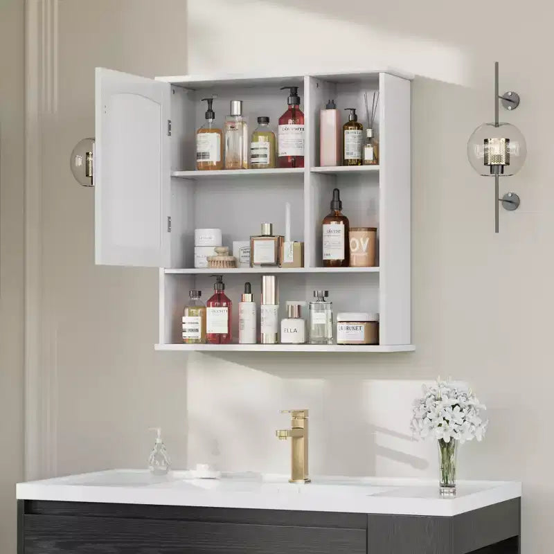 Meuble haut de salle de bain VECELO avec miroir, armoire de toilette murale avec porte et étagères ouvertes, étagères réglables, blanc