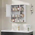 Meuble haut de salle de bain VECELO avec miroir, armoire de toilette murale avec porte et étagères ouvertes, étagères réglables, blanc