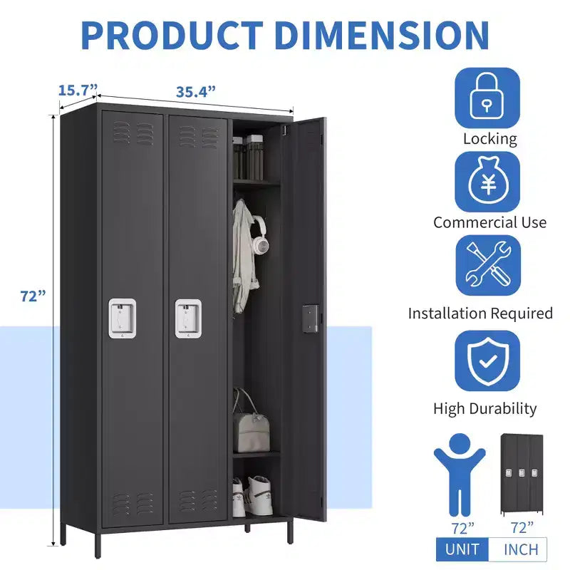 Casier à 3 portes pour employés de bureau, combinaison de casiers de rangement en métal, casier métallique verrouillable pour employés avec porte, casiers de rangement industriels