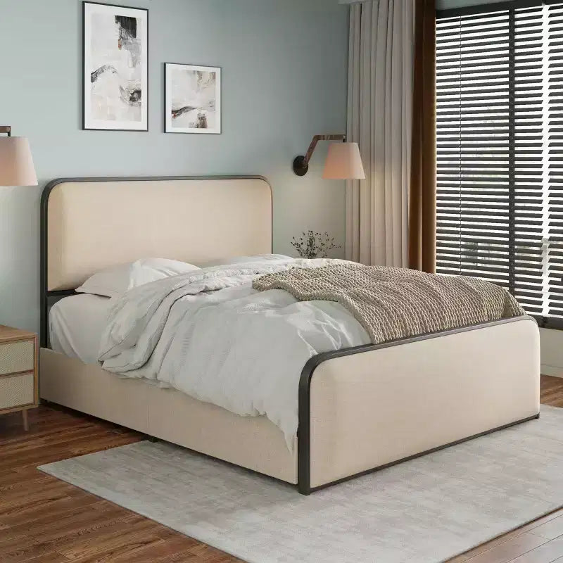 Cadre de lit en métal moderne avec tête et pied de lit courbés rembourrés, avec 4 tiroirs de rangement, lattes métalliques robustes, taille Queen, beige