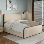 Cadre de lit en métal moderne avec tête et pied de lit courbés rembourrés, avec 4 tiroirs de rangement, lattes métalliques robustes, taille Queen, beige