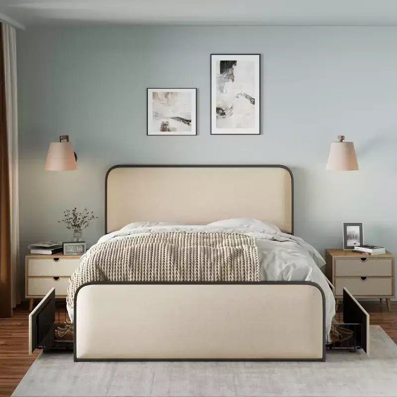 Cadre de lit en métal moderne avec tête et pied de lit courbés rembourrés, avec 4 tiroirs de rangement, lattes métalliques robustes, taille Queen, beige