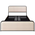 Cadre de lit en métal moderne avec tête et pied de lit courbés rembourrés, avec 4 tiroirs de rangement, lattes métalliques robustes, taille Queen, beige