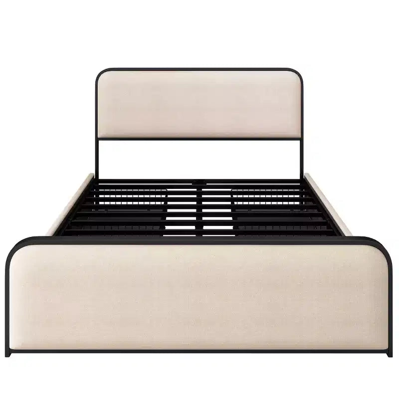 Cadre de lit en métal moderne avec tête et pied de lit courbés rembourrés, avec 4 tiroirs de rangement, lattes métalliques robustes, taille Queen, beige