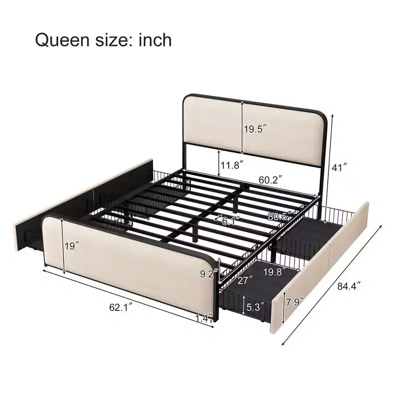 Cadre de lit en métal moderne avec tête et pied de lit courbés rembourrés, avec 4 tiroirs de rangement, lattes métalliques robustes, taille Queen, beige