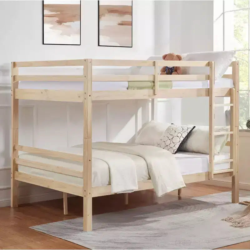 Full over Full Bunk Bed with Thick Posts,Wooden Bunk Bed with High Guardrail ,No Box Spring Needed, Natural