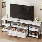 Meuble TV moderne-industriel de 79 po avec 2 tiroirs en tissu, centre de divertissement pour téléviseurs jusqu'à 85 po, console média brun rustique avec étagères de rangement, blanc