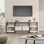 Meuble TV moderne-industriel de 79 po avec 2 tiroirs en tissu, centre de divertissement pour téléviseurs jusqu'à 85 po, console média brun rustique avec étagères de rangement, blanc