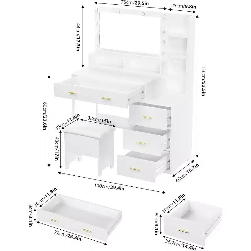 Coiffeuse Acekool avec miroir et 9 lumières LED, 4 tiroirs, 3 étagères, table de maquillage pour chambre, blanche