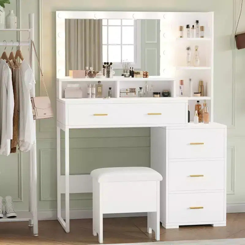 Coiffeuse Acekool avec miroir et 9 lumières LED, 4 tiroirs, 3 étagères, table de maquillage pour chambre, blanche
