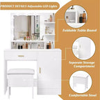 Coiffeuse Acekool avec miroir et 9 lumières LED, 4 tiroirs, 3 étagères, table de maquillage pour chambre, blanche