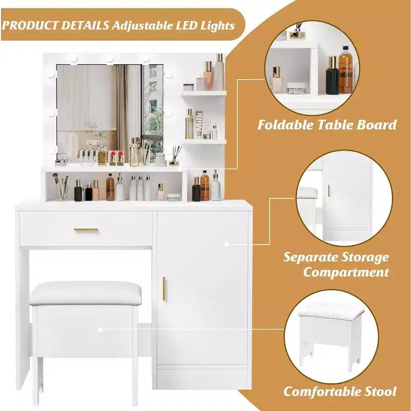 Coiffeuse Acekool avec miroir et 9 lumières LED, 4 tiroirs, 3 étagères, table de maquillage pour chambre, blanche