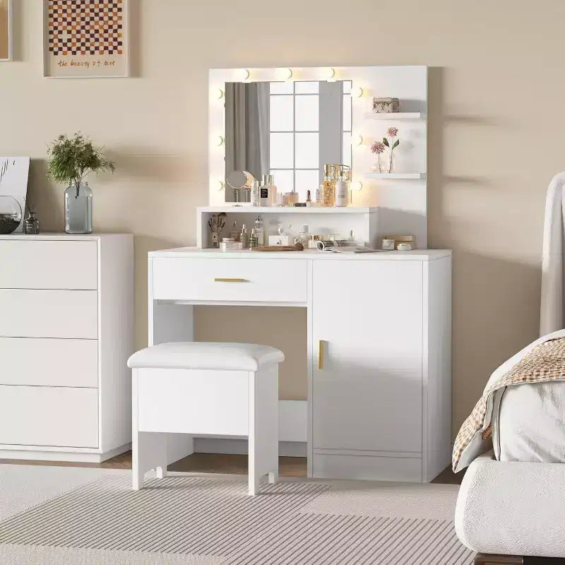 Coiffeuse Acekool avec miroir et 9 lumières LED, 4 tiroirs, 3 étagères, table de maquillage pour chambre, blanche