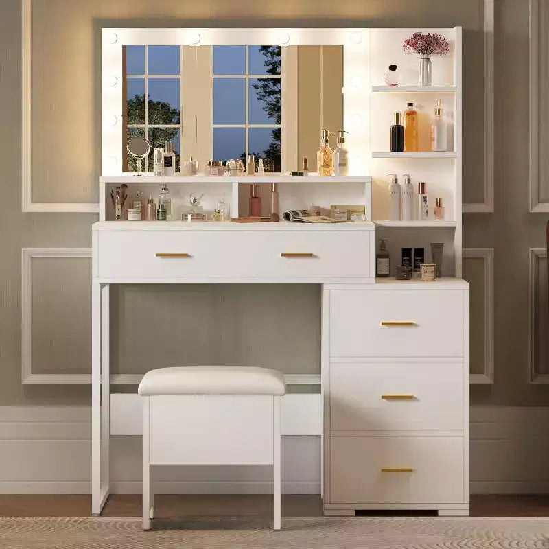Coiffeuse Acekool avec miroir et 9 lumières LED, 4 tiroirs, 3 étagères, table de maquillage pour chambre, blanche