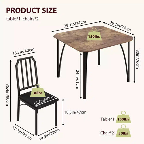 Ensemble table à manger 3 pièces pour 2 avec chaises rembourrées, petite table de cuisine et de salle à manger, ensemble table et 2 chaises de cuisine, design peu encombrant