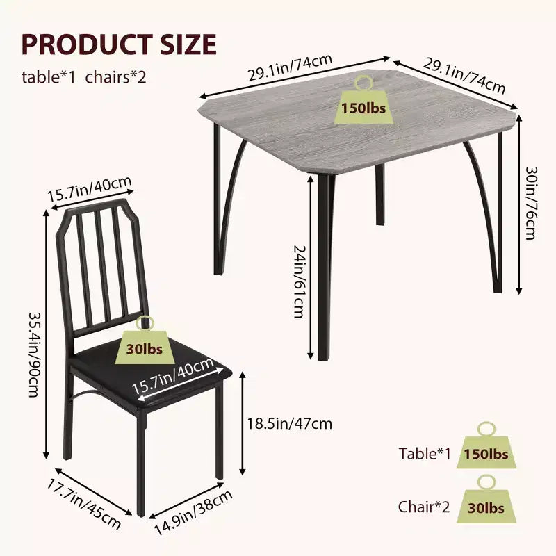 Ensemble table à manger 3 pièces pour 2 avec chaises rembourrées, petite table de cuisine et de salle à manger, ensemble table et 2 chaises de cuisine, design peu encombrant