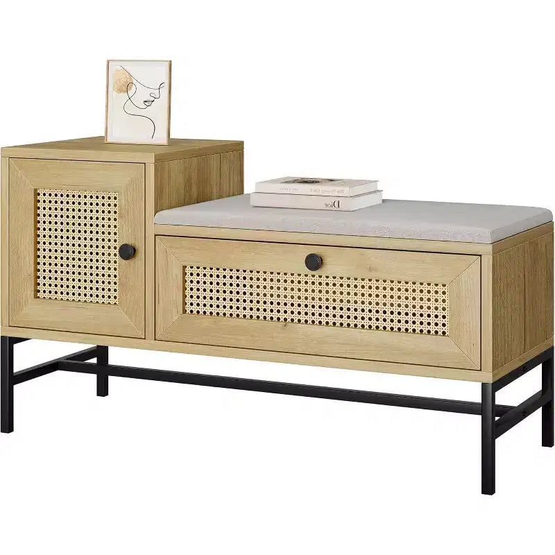 Banc à chaussures en rotin Acekool avec tiroir de rangement et coussin en lin, banc en bois pour entrée et chambre à coucher, finition chêne naturel