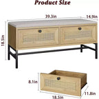 Banc à chaussures en rotin Acekool avec tiroir de rangement et coussin en lin, banc en bois pour entrée et chambre à coucher, finition chêne naturel