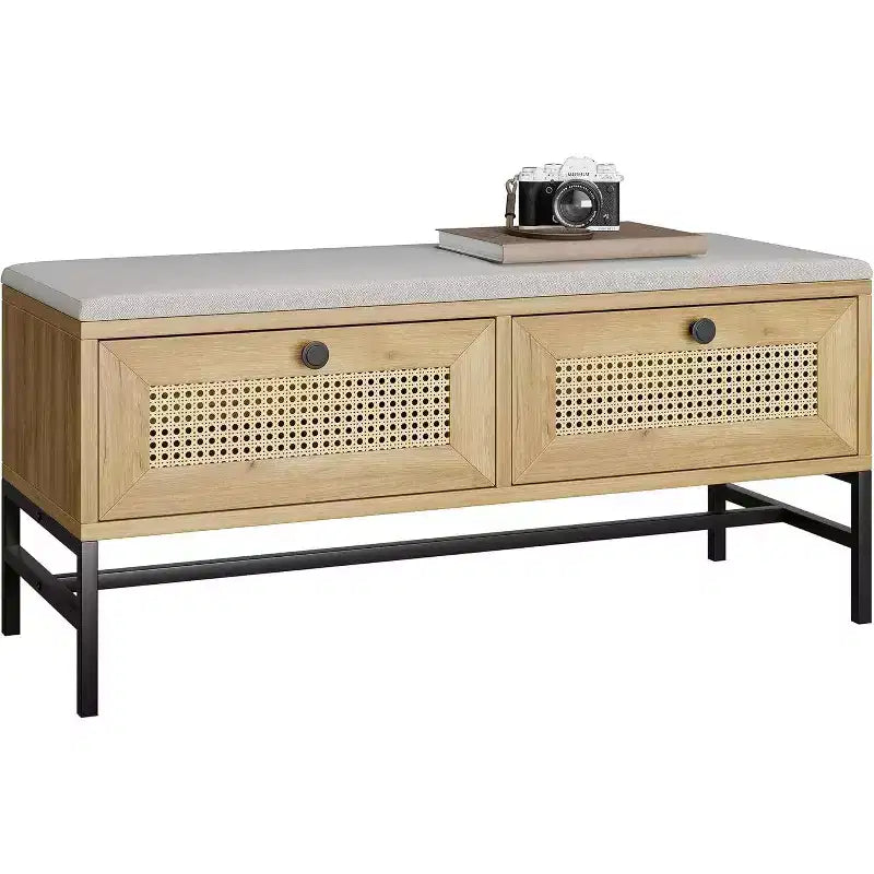 Banc à chaussures en rotin Acekool avec tiroir de rangement et coussin en lin, banc en bois pour entrée et chambre à coucher, finition chêne naturel