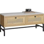 Banc à chaussures en rotin Acekool avec tiroir de rangement et coussin en lin, banc en bois pour entrée et chambre à coucher, finition chêne naturel