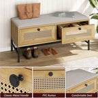 Banc à chaussures en rotin Acekool avec tiroir de rangement et coussin en lin, banc en bois pour entrée et chambre à coucher, finition chêne naturel