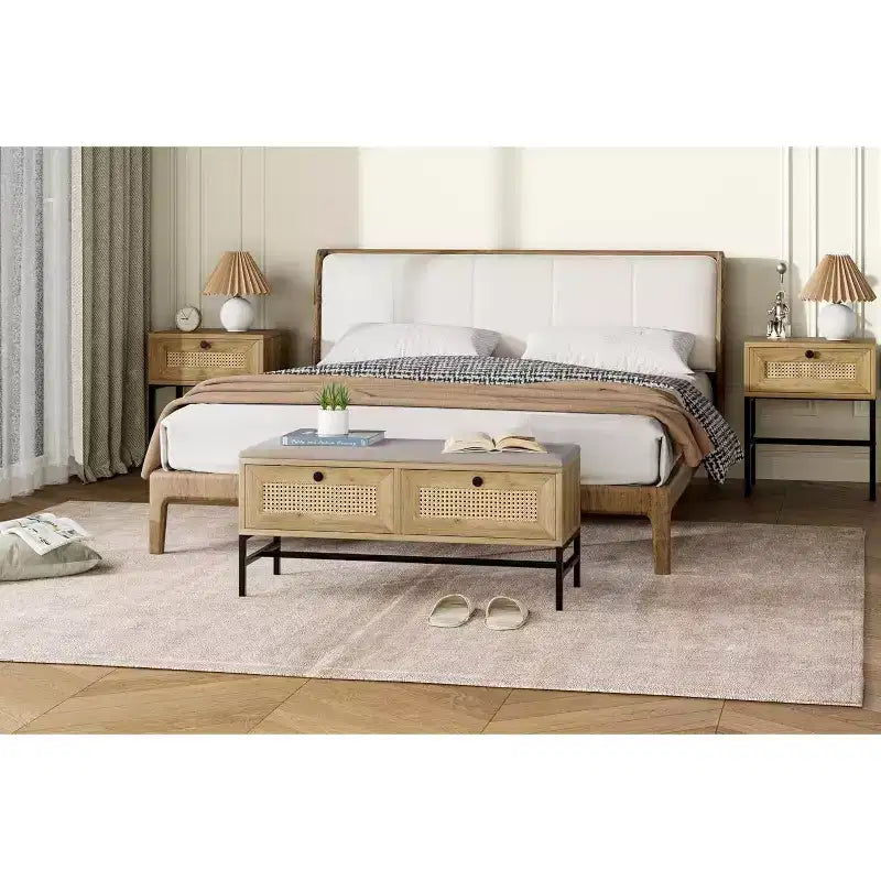 Banc à chaussures en rotin Acekool avec tiroir de rangement et coussin en lin, banc en bois pour entrée et chambre à coucher, finition chêne naturel